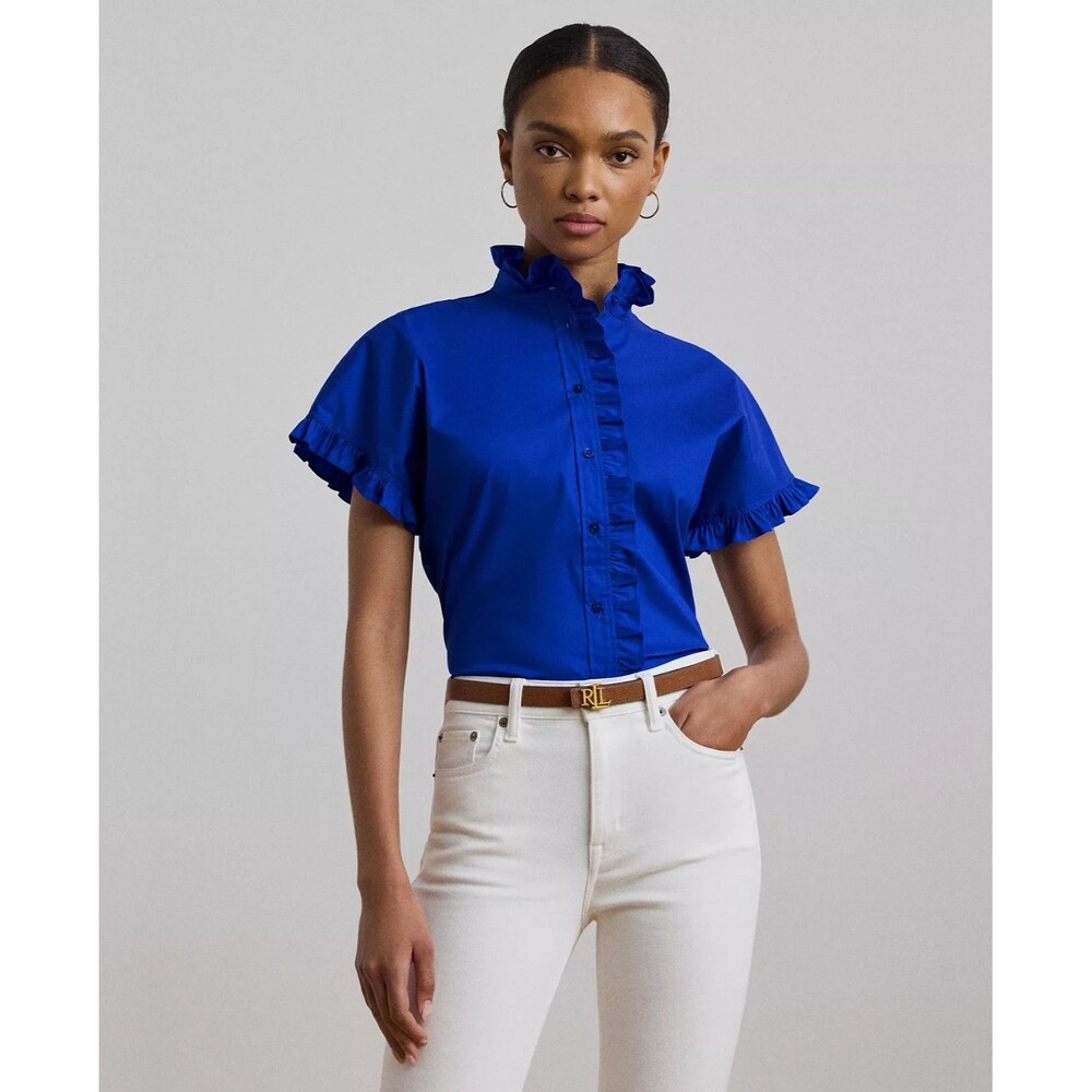 Lauren Ralph Lauren Women's Ruffle-Trim Short-Sleeve Shirt Top Royal Blue Size S